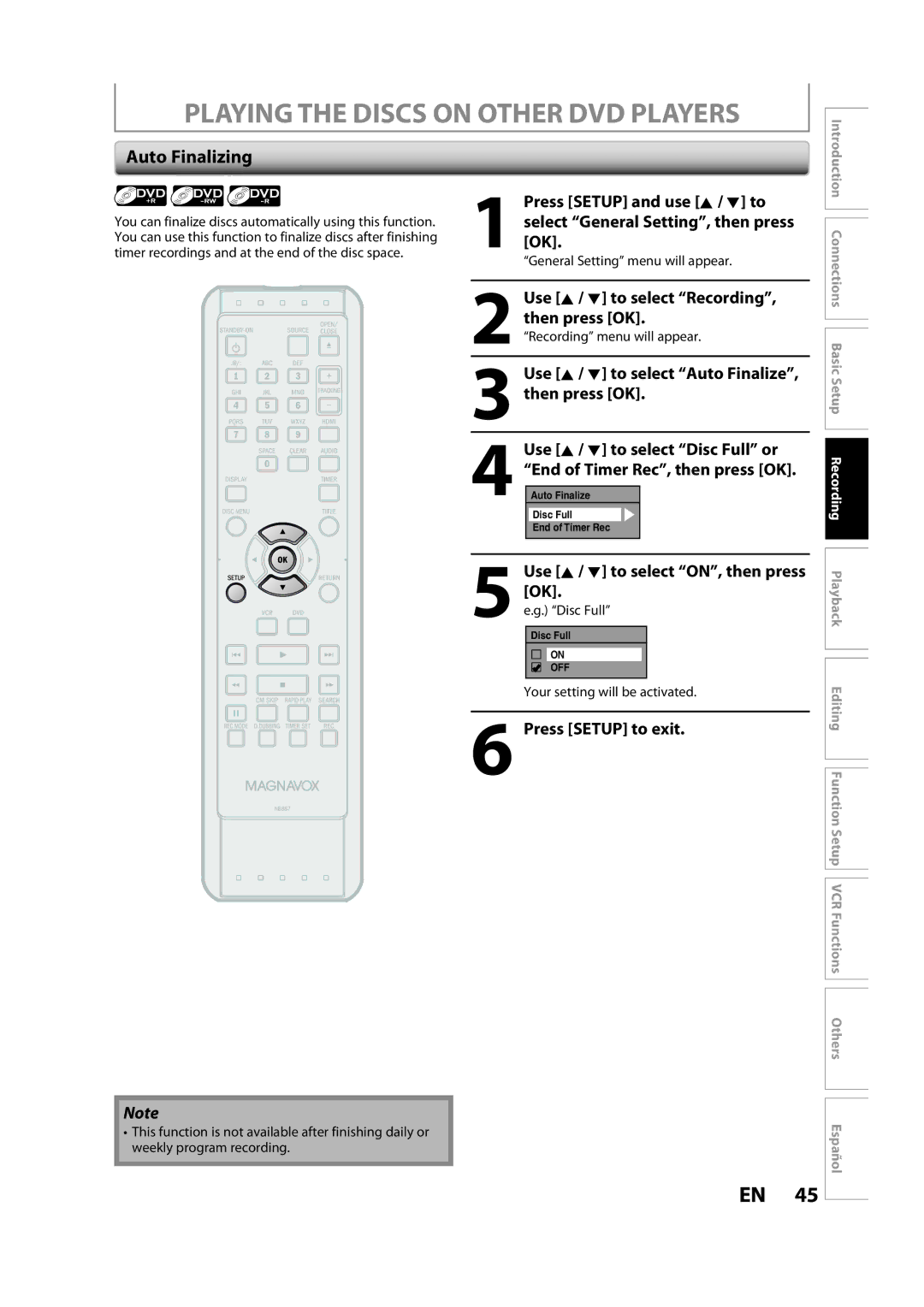 Magnavox ZV427MG9 A owner manual Playing the Discs on Other DVD Players, Auto Finalizing 