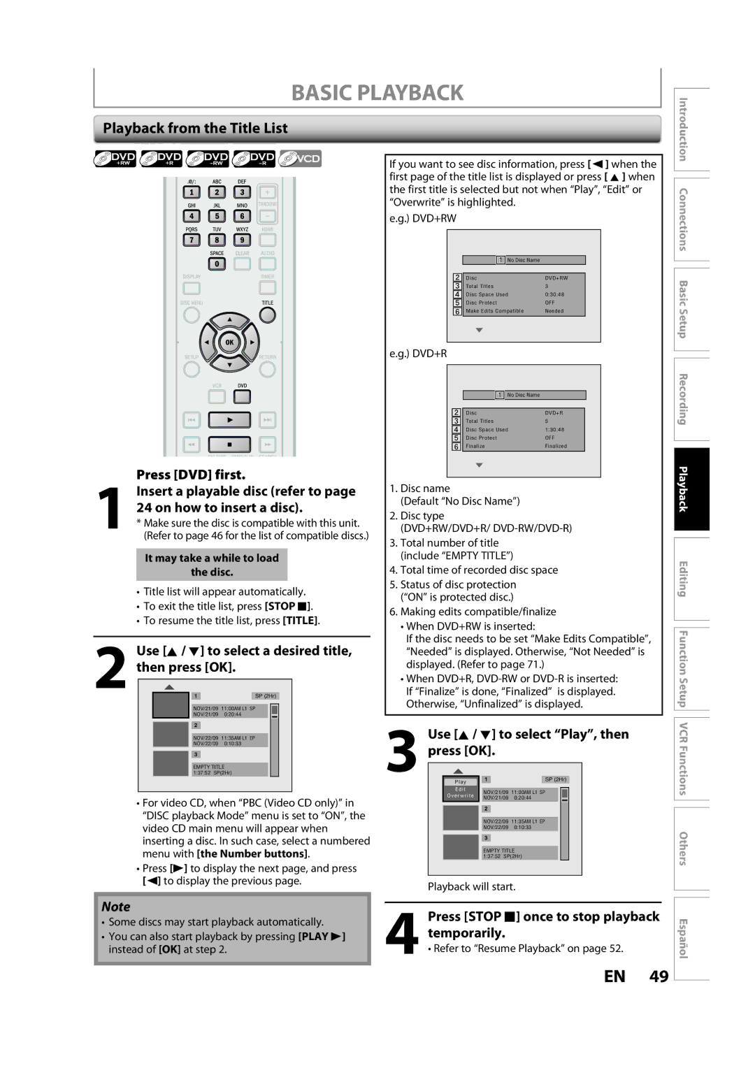 Magnavox ZV427MG9 A owner manual Basic Playback, Playback from the Title List, Then press OK 