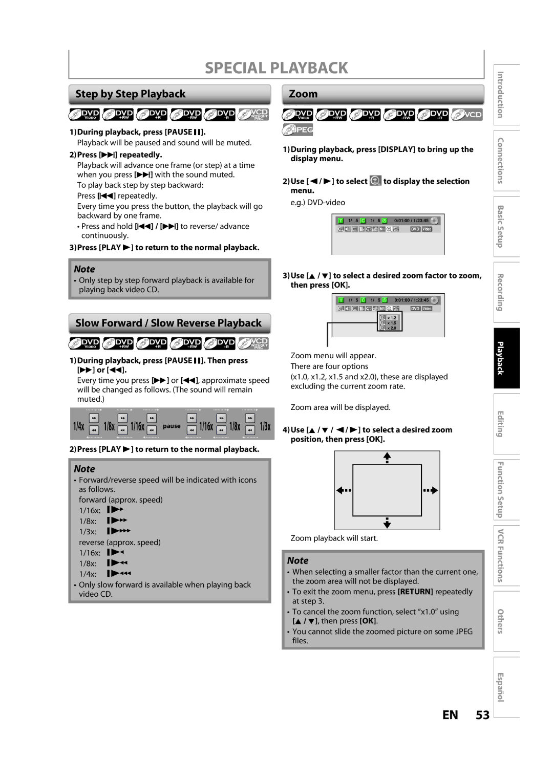 Magnavox ZV427MG9 A owner manual Special Playback, Step by Step Playback, Slow Forward / Slow Reverse Playback, Zoom 