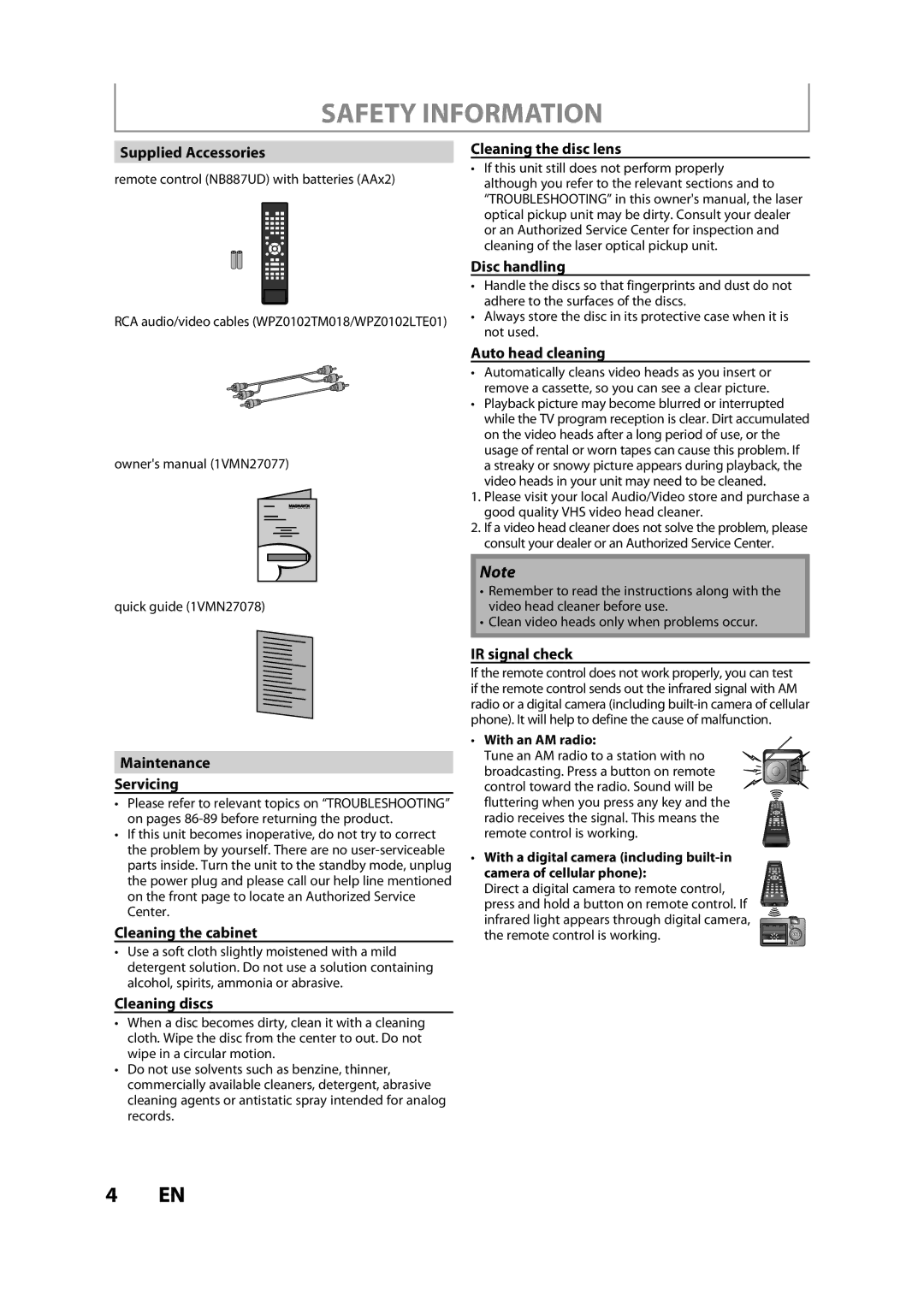 Magnavox ZV427MG9 A Supplied Accessories, Cleaning the disc lens Disc handling, Auto head cleaning, Maintenance Servicing 