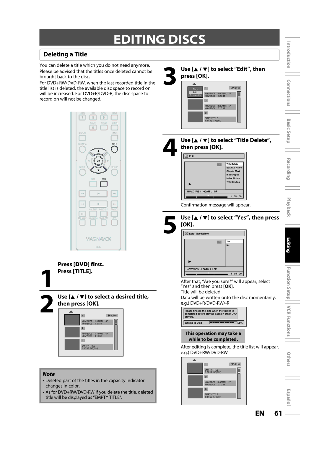 Magnavox ZV427MG9 A owner manual Editing Discs, Deleting a Title, Use K / L to select Title Delete, then press OK 