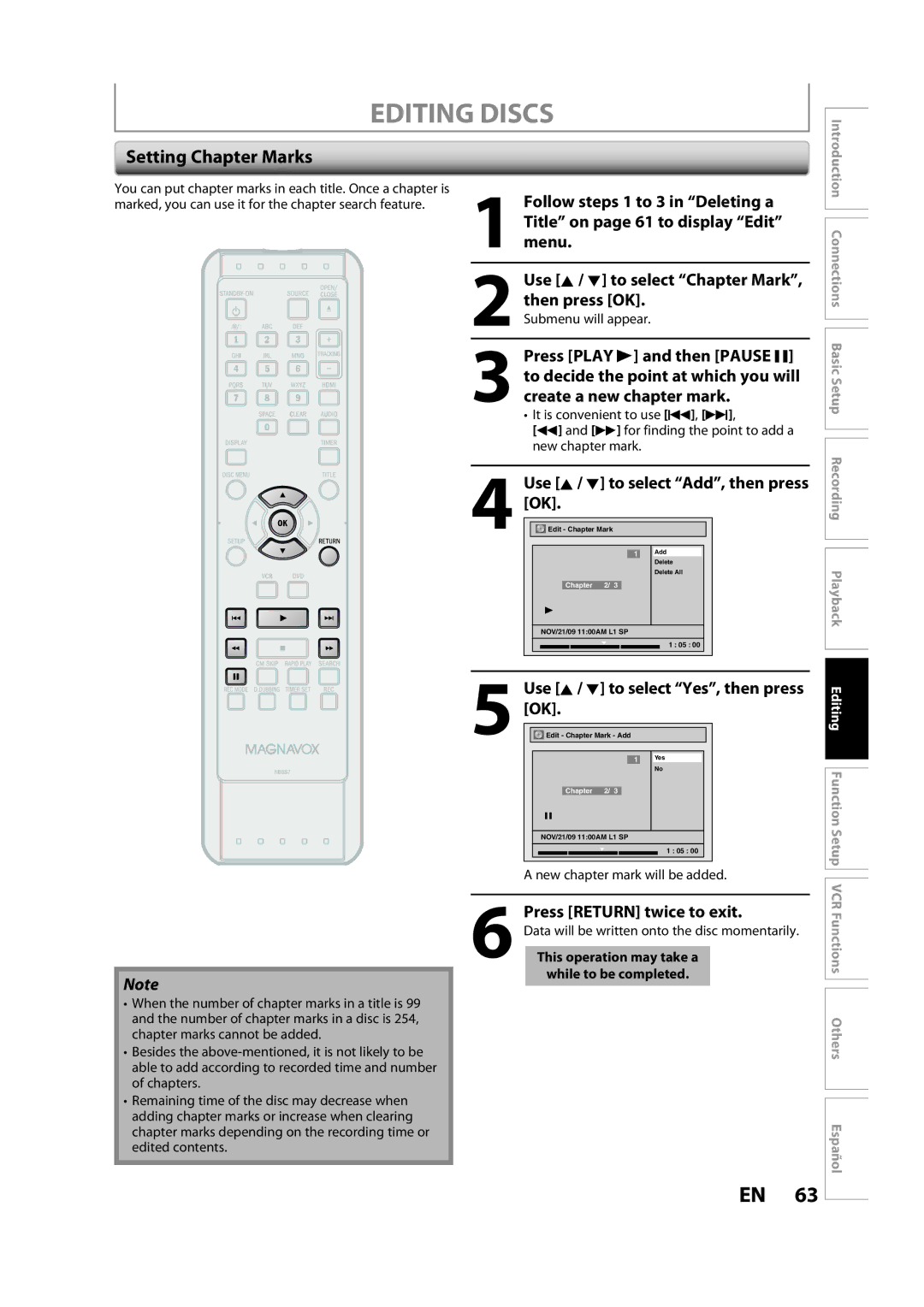 Magnavox ZV427MG9 A owner manual Setting Chapter Marks, Use K / L to select Add, then press OK, Submenu will appear 