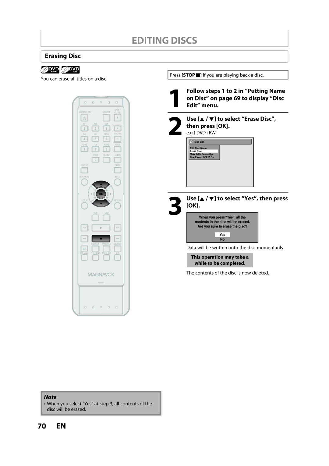 Magnavox ZV427MG9 A owner manual Erasing Disc, Contents of the disc is now deleted 