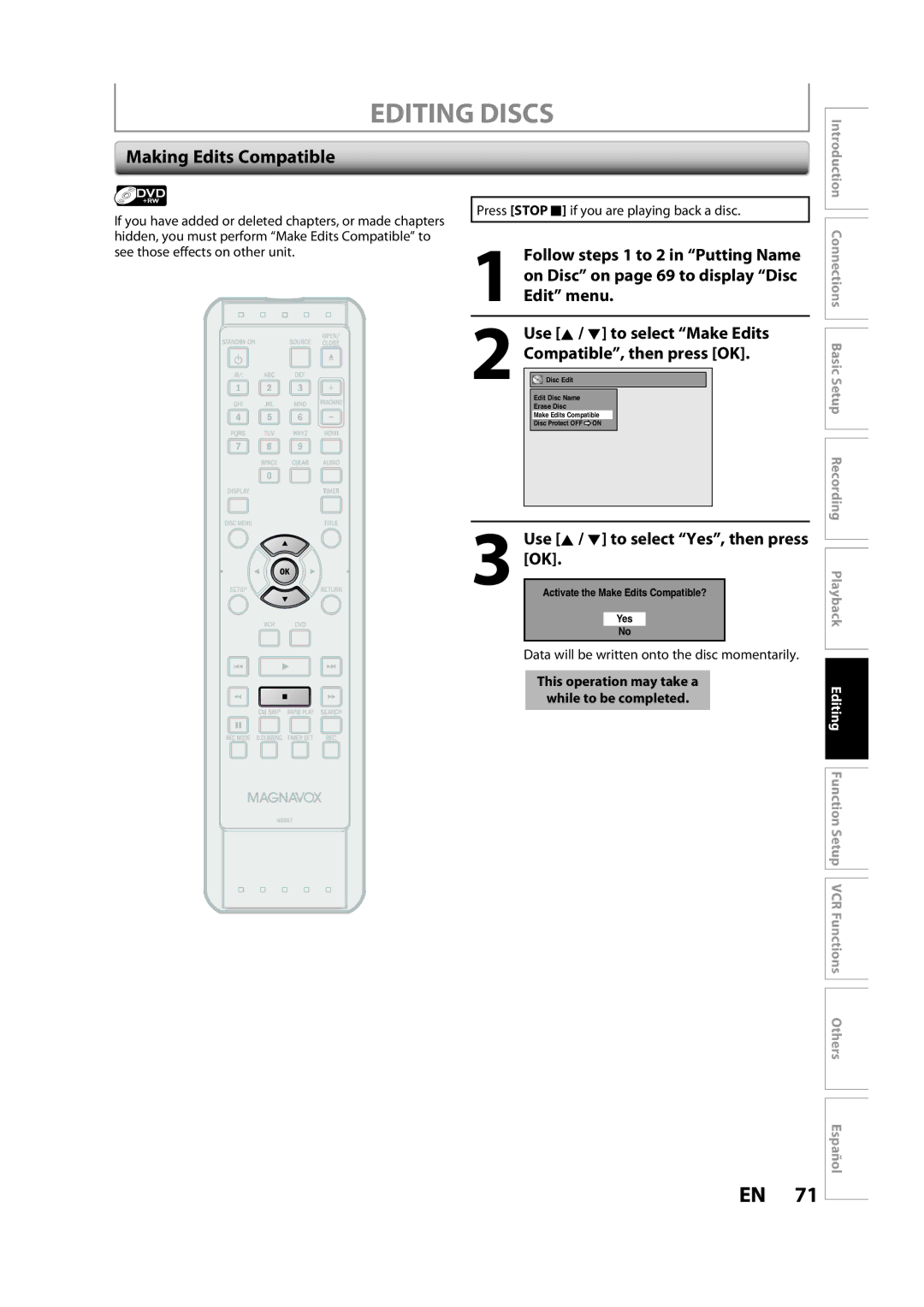 Magnavox ZV427MG9 A owner manual Making Edits Compatible 