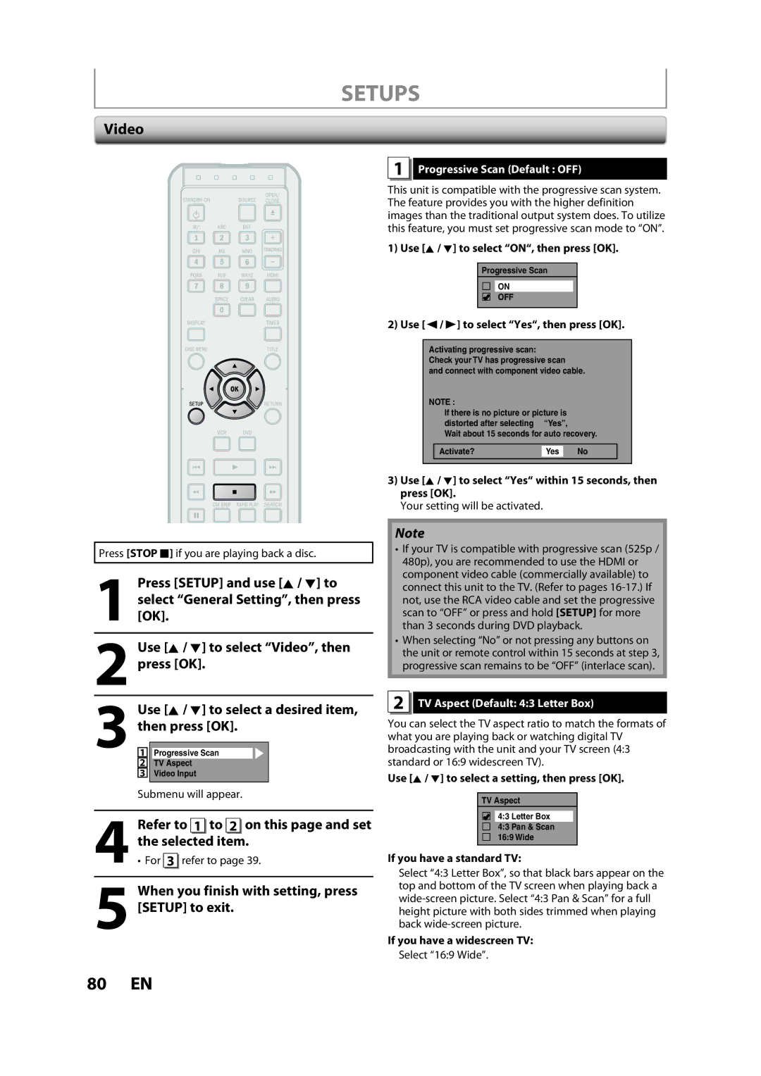 Magnavox ZV427MG9 A owner manual Video, Refer to 1 to 2 on this page and set, Progressive Scan Default OFF 