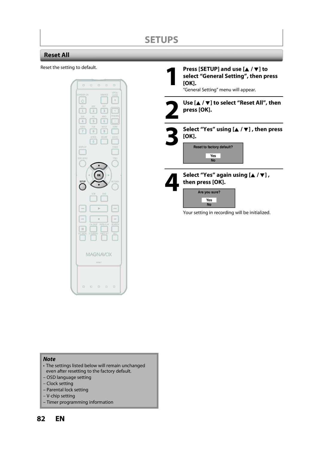 Magnavox ZV427MG9 A owner manual Reset All, Select Yes again using K / L , then press OK, Reset the setting to default 