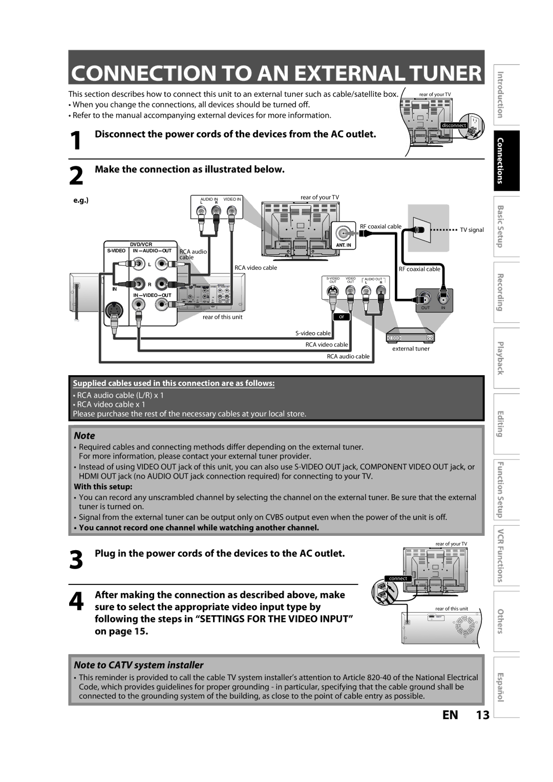 Magnavox ZV427MG9 owner manual Connection to AN External Tuner, Om the AC outlet, Make the connection as illustrated below 