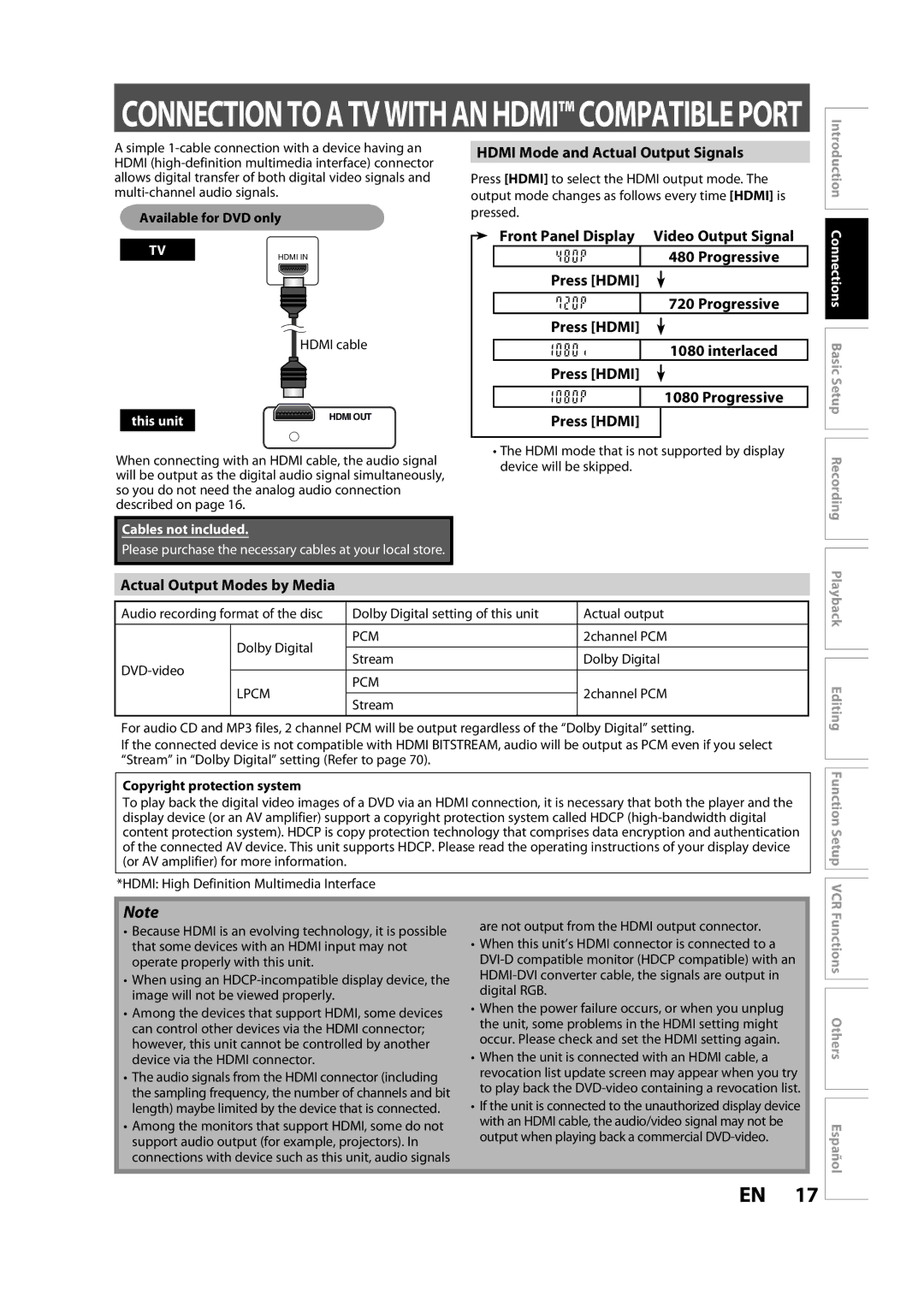 Magnavox ZV427MG9 owner manual Hdmi Mode and Actual Output Signals, Actual Output Modes by Media, Connections Basic Setup 