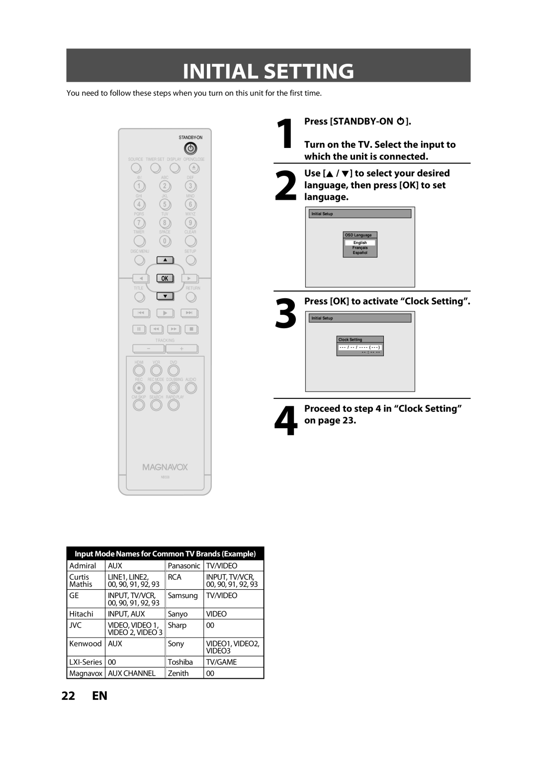 Magnavox ZV427MG9 owner manual Initial Setting, Proceed to in Clock Setting on 