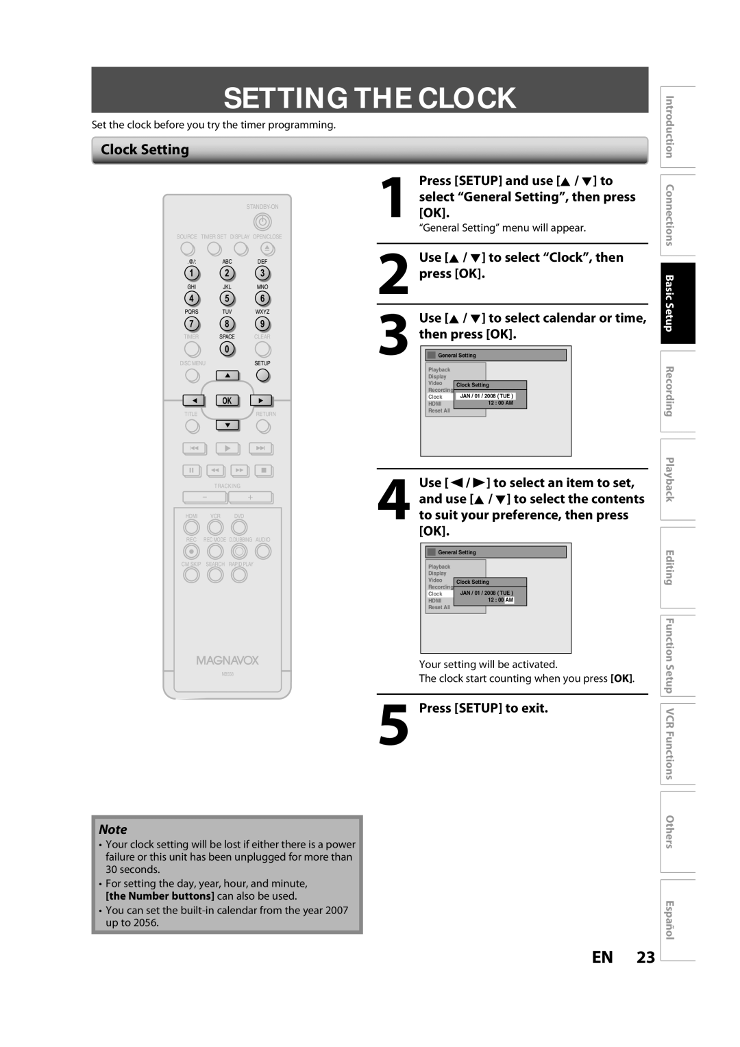 Magnavox ZV427MG9 owner manual Setting the Clock, Clock Setting, Press OK, Use K / L to select Clock, then 