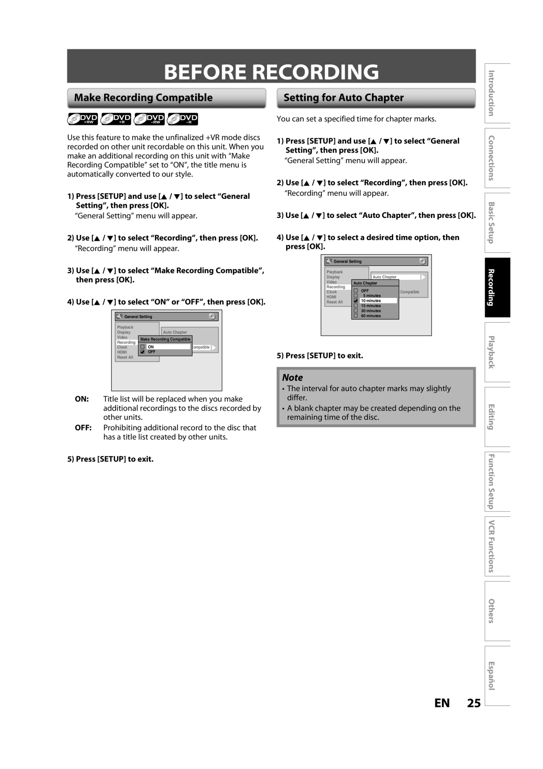 Magnavox ZV427MG9 owner manual Before Recording, Make Recording Compatible, Setting for Auto Chapter 