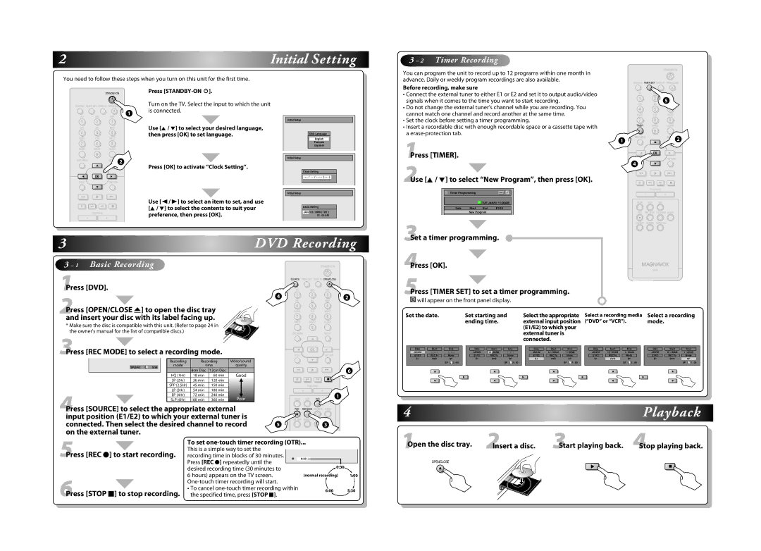 Magnavox ZV427MG9 owner manual 3Press REC Mode to select a recording mode, 6Press Stop C to stop recording 