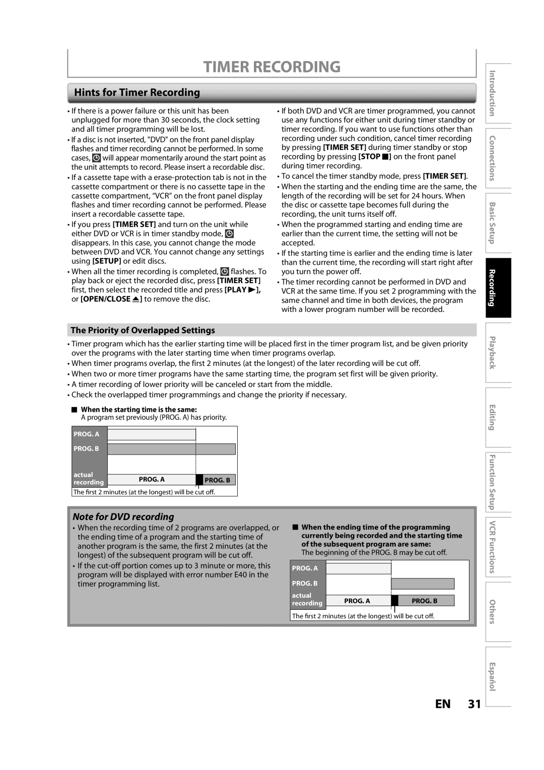 Magnavox ZV427MG9 owner manual Hints for Timer Recording, Priority of Overlapped Settings 