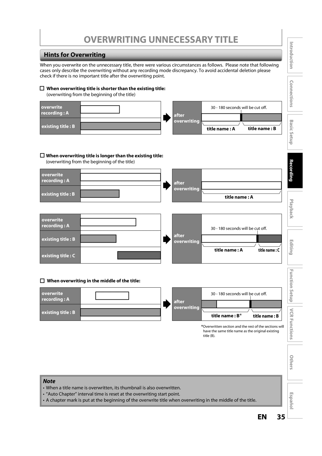 Magnavox ZV427MG9 owner manual Overwriting Unnecessary Title, Hints for Overwriting 