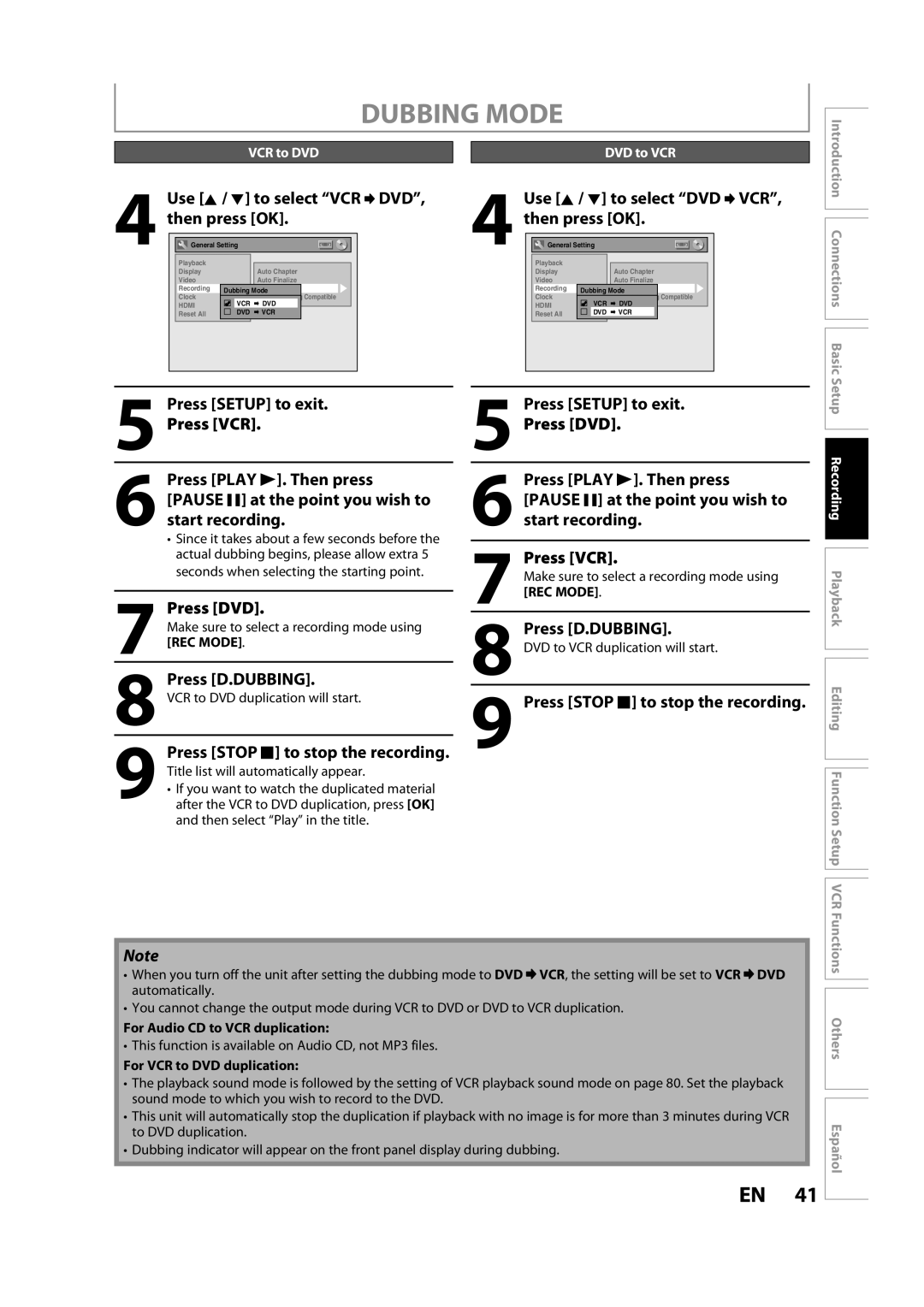 Magnavox ZV427MG9 Dubbing Mode, Press DVD, Press D.DUBBING, Press Stop C to stop the recording, VCR to DVD DVD to VCR 