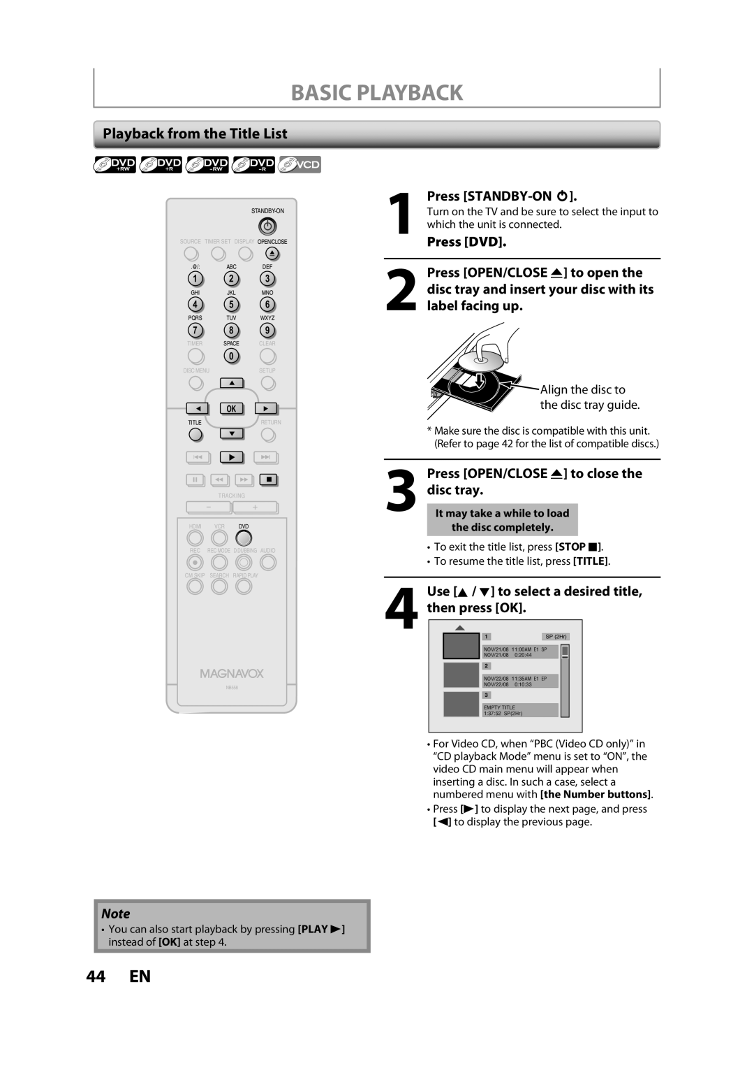 Magnavox ZV427MG9 owner manual Basic Playback, Playback from the Title List, Use K / L to select a desired title 