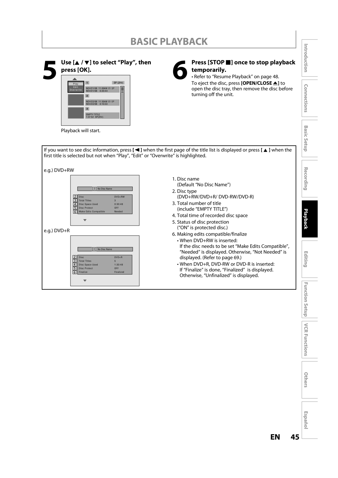 Magnavox ZV427MG9 owner manual Use K / L to select Play, then Press OK, Disc name Default No Disc Name Disc type 