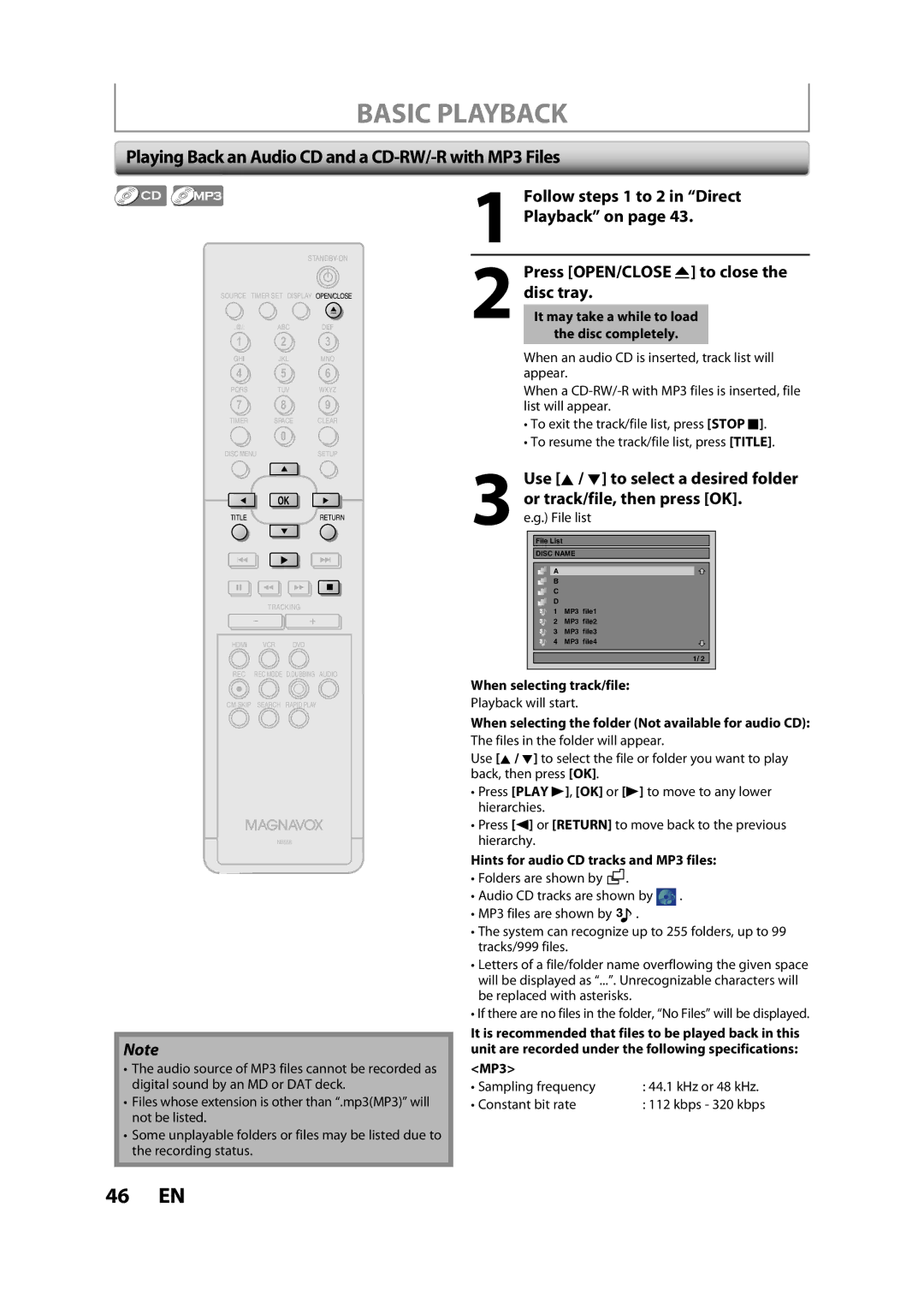 Magnavox ZV427MG9 Playing Back an Audio CD and a CD-RW/-R with MP3 Files, Follow steps 1 to 2 in Direct Playback on 