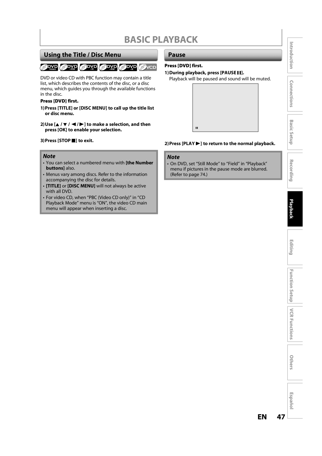 Magnavox ZV427MG9 owner manual Using the Title / Disc Menu, Press DVD first During playback, press Pause F 