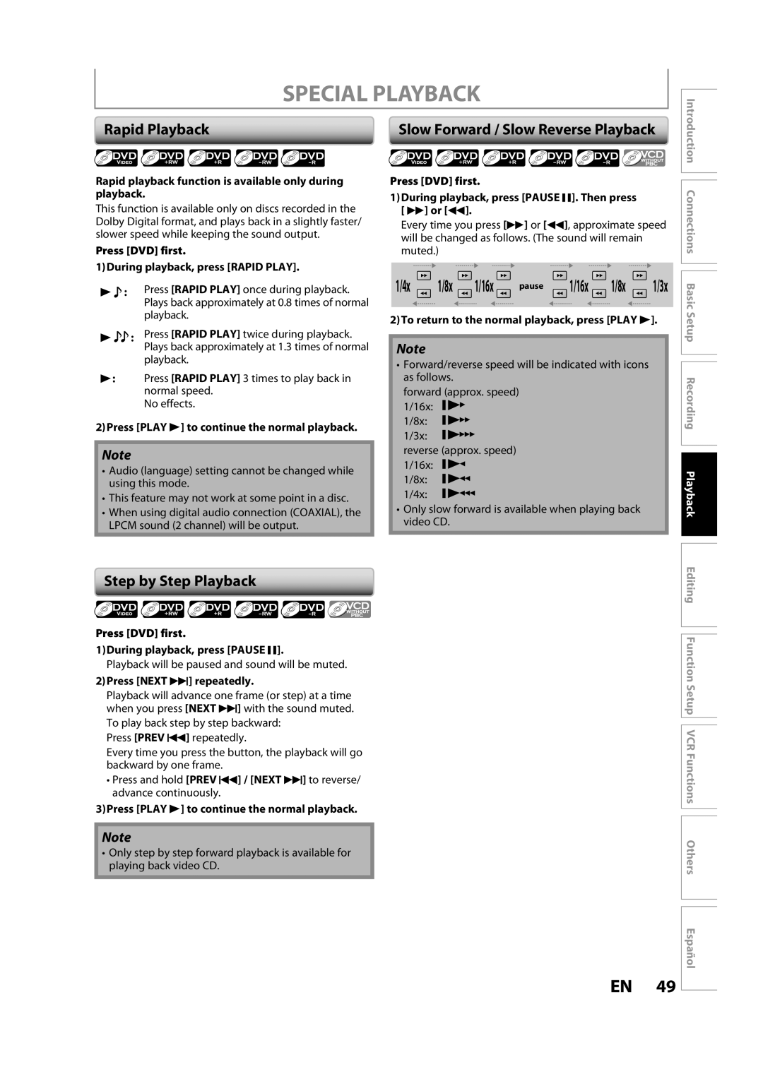 Magnavox ZV427MG9 Special Playback, Rapid Playback, Step by Step Playback, Slow Forward / Slow Reverse Playback 