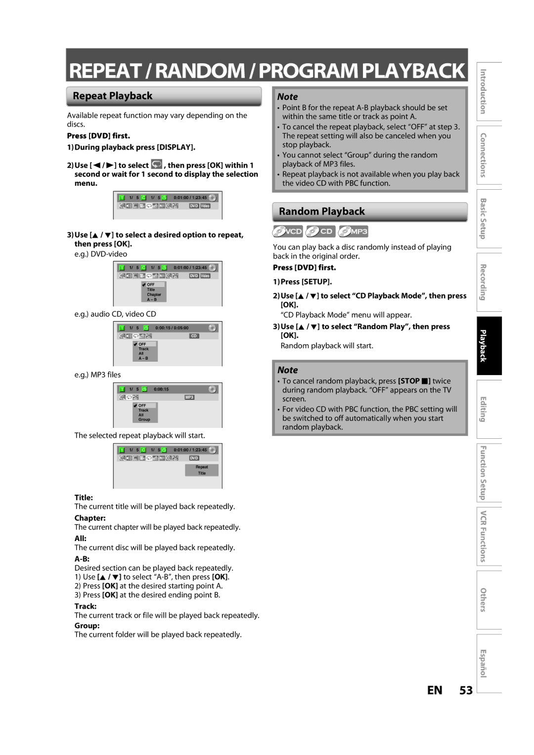 Magnavox ZV427MG9 owner manual Repeat Playback, Random Playback 