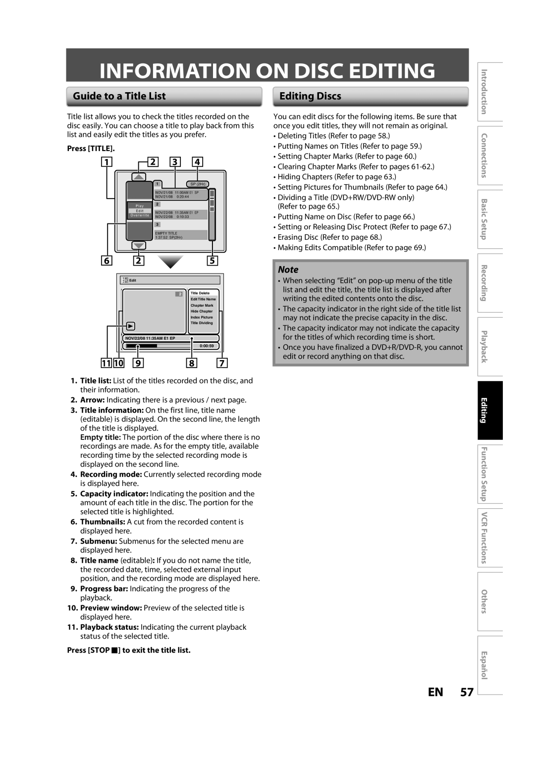 Magnavox ZV427MG9 owner manual Information on Disc Editing, Guide to a Title List, Editing Discs, Press Title 