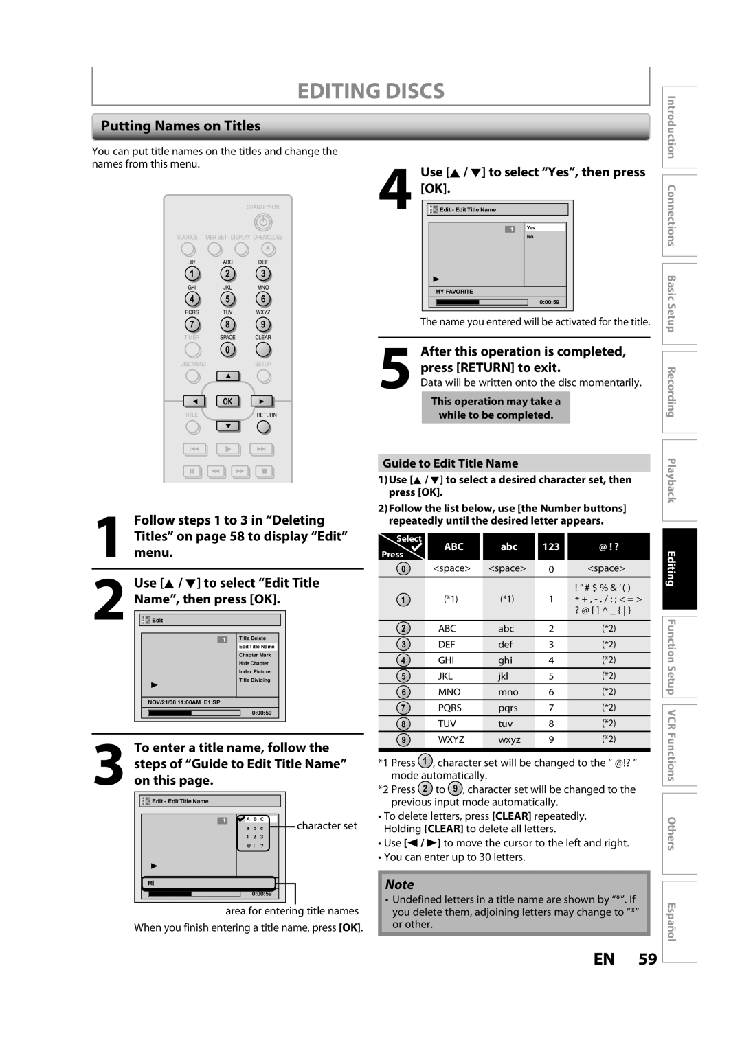 Magnavox ZV427MG9 Editing Discs, Putting Names on Titles, Use K / L to select Edit Title, Guide to Edit Title Name 