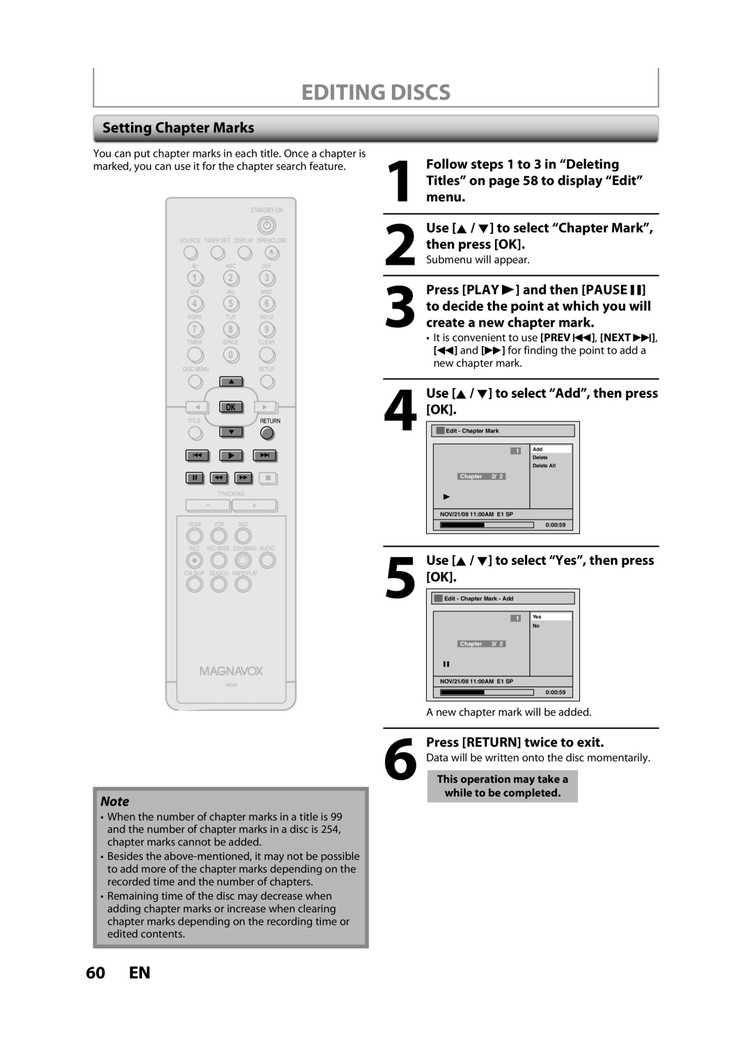 Magnavox ZV427MG9 owner manual Setting Chapter Marks, Use K / L to select Add, then press OK, Press Return twice to exit 