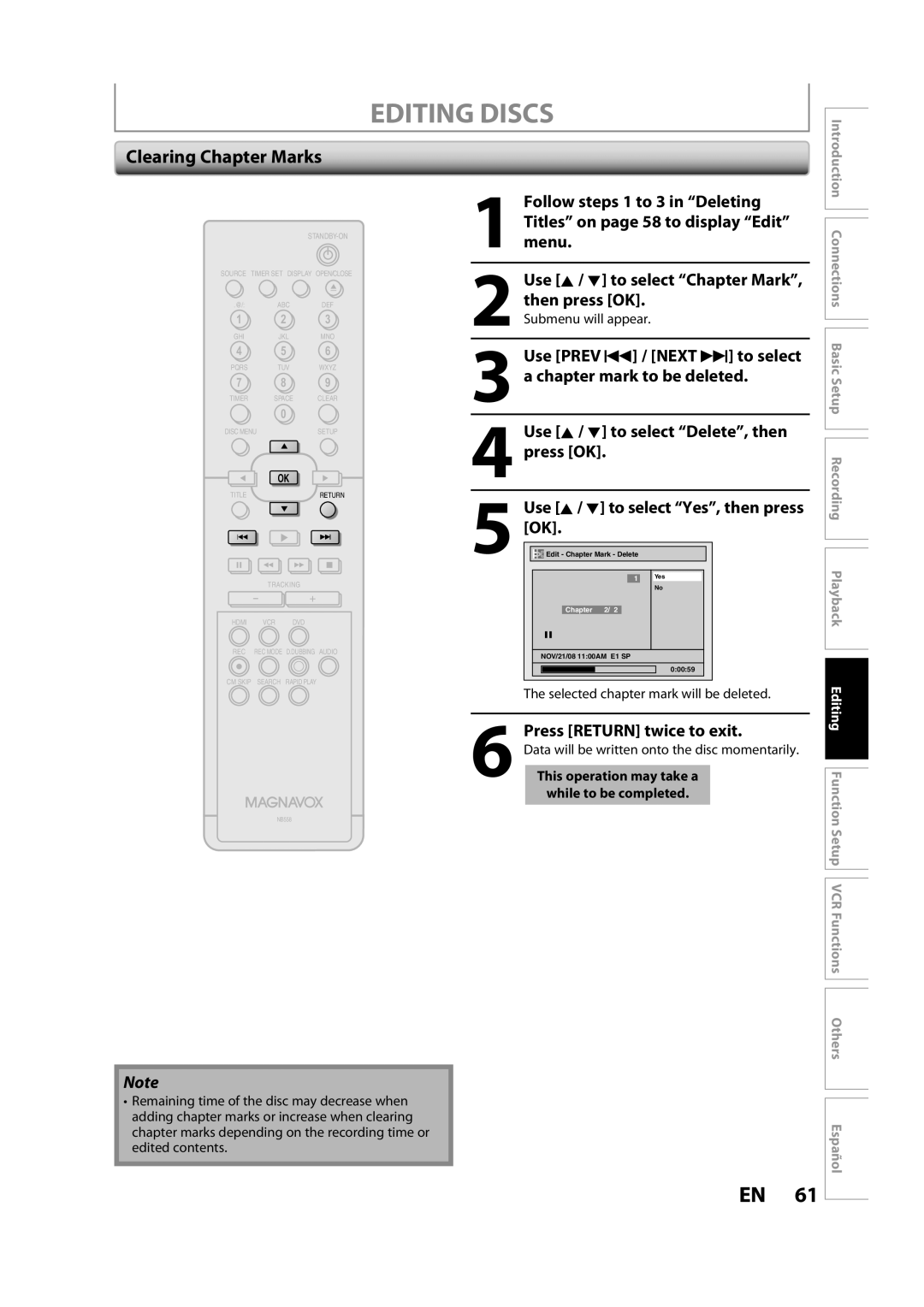 Magnavox ZV427MG9 owner manual Clearing Chapter Marks 