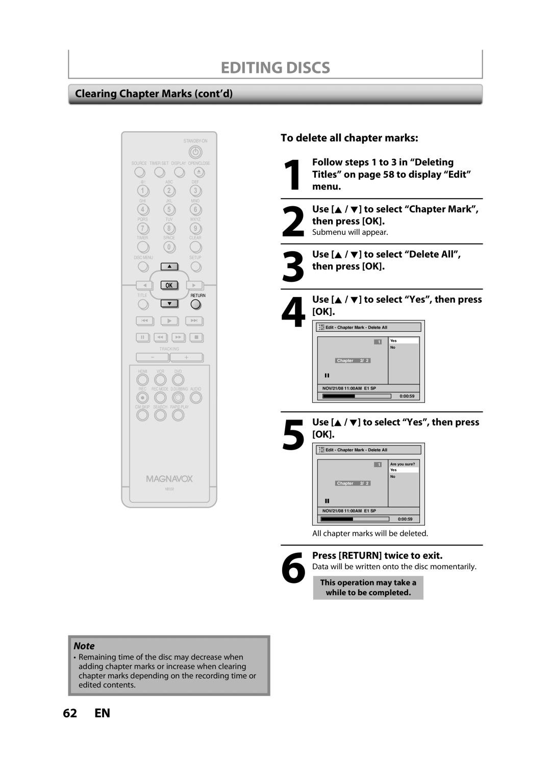 Magnavox ZV427MG9 Clearing Chapter Marks cont’d, To delete all chapter marks, All chapter marks will be deleted 