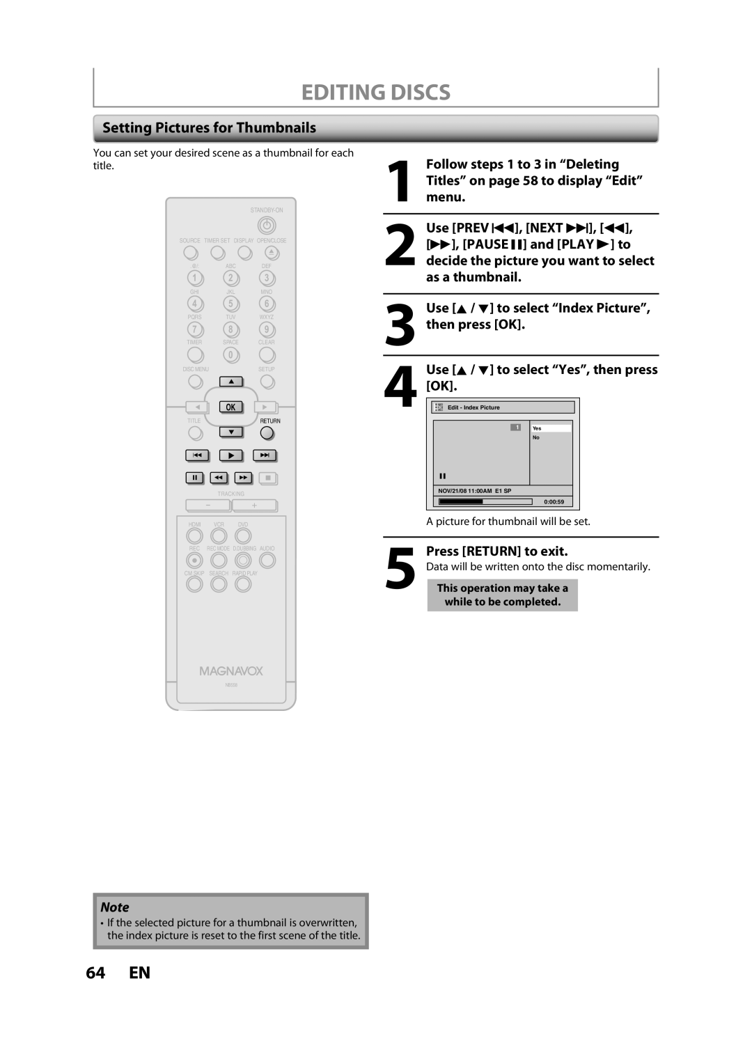 Magnavox ZV427MG9 owner manual Setting Pictures for Thumbnails, Press Return to exit, Picture for thumbnail will be set 