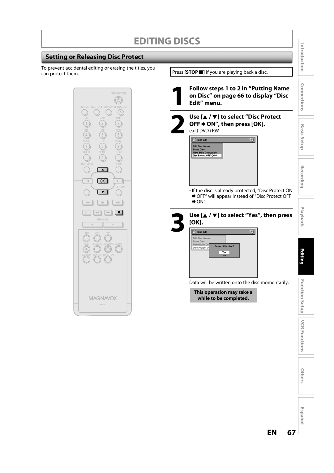 Magnavox ZV427MG9 owner manual Setting or Releasing Disc Protect, OFF ON, then press OK. e.g. DVD+RW 