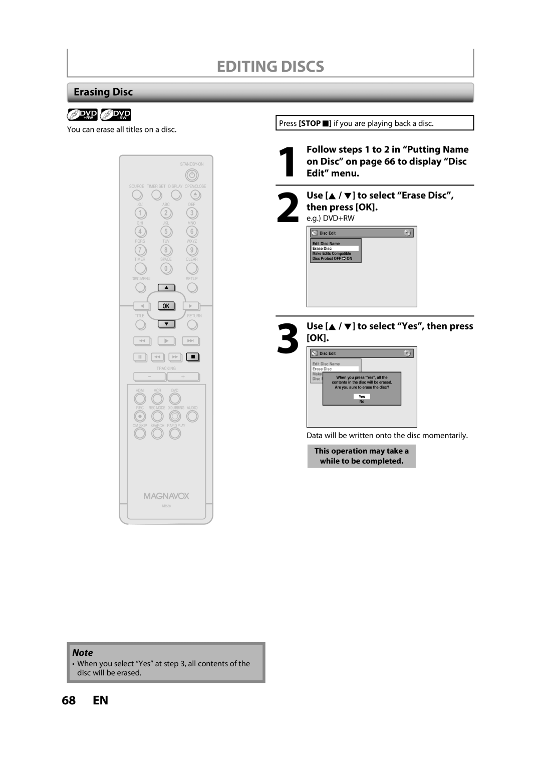 Magnavox ZV427MG9 owner manual Erasing Disc, You can erase all titles on a disc 