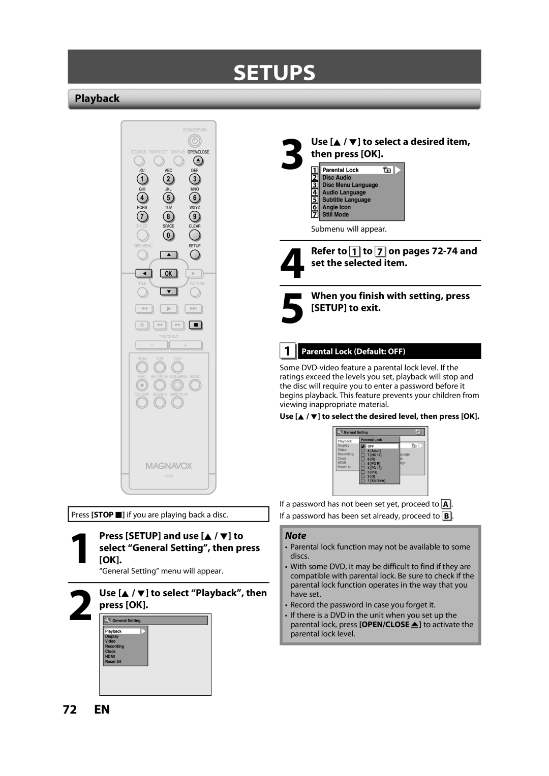 Magnavox ZV427MG9 Setups, Playback, Use K / L to select a desired item, then press OK, Parental Lock Default OFF 