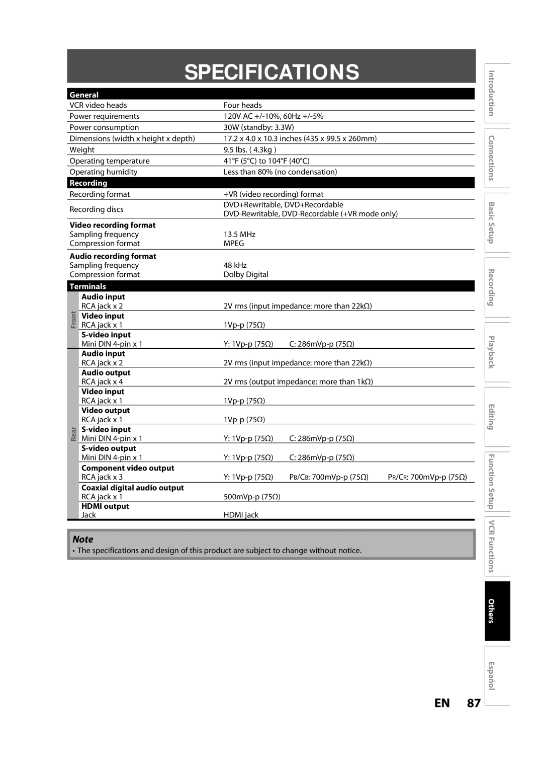 Magnavox ZV427MG9 owner manual Specifications, General, Recording, Terminals 