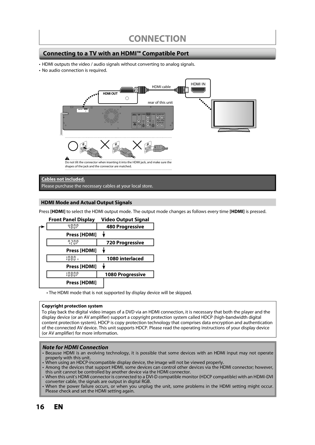 Magnavox ZV427MG9 Connection, Connecting to a TV with an Hdmi Compatible Port, Hdmi Mode and Actual Output Signals 