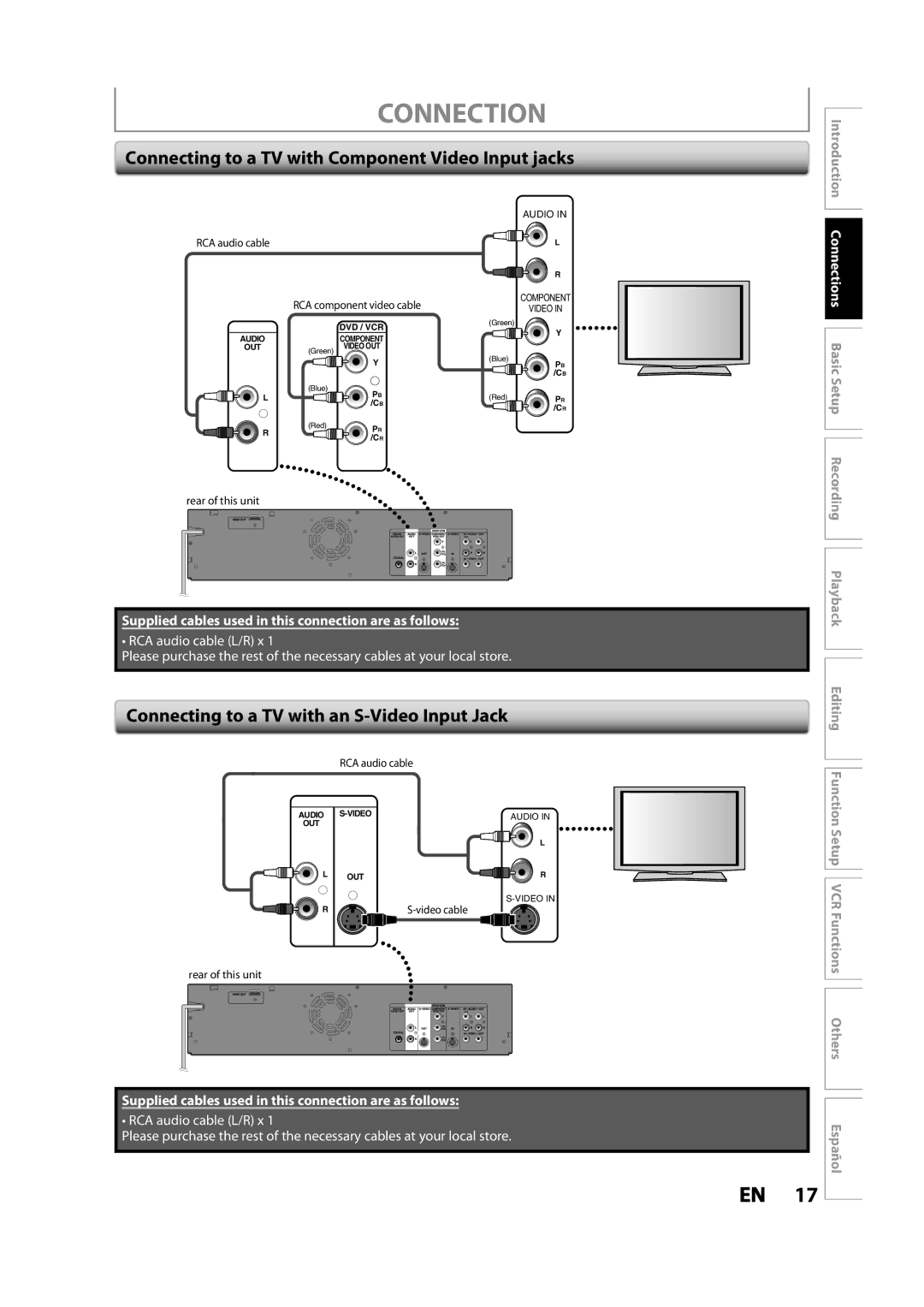 Magnavox ZV427MG9 Connecting to a TV with Component Video Input jacks, Connecting to a TV with an S-Video Input Jack 