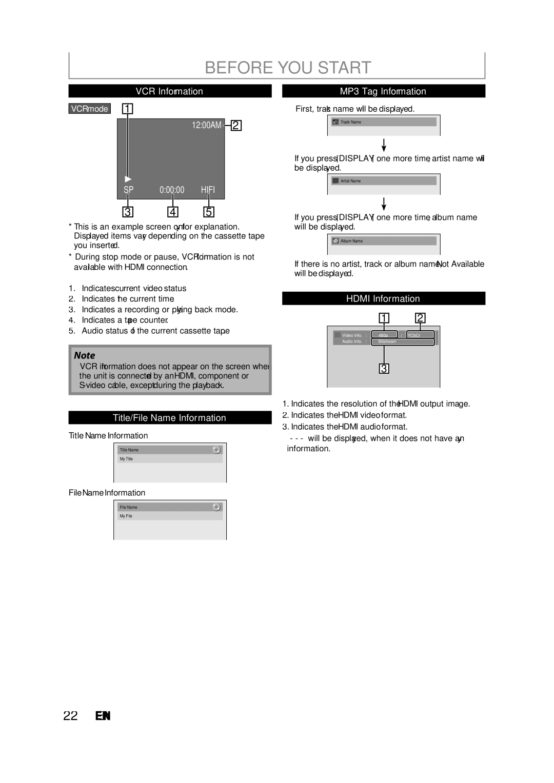 Magnavox ZV427MG9 owner manual VCR mode, Title Name Information, File Name Information, First, track name will be displayed 