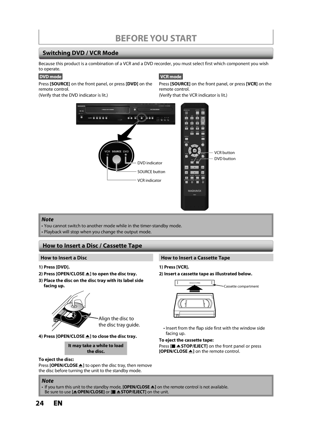 Magnavox ZV427MG9 Switching DVD / VCR Mode, How to Insert a Disc / Cassette Tape, How to Insert a Cassette Tape 