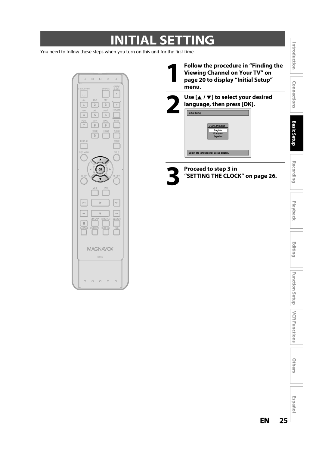 Magnavox ZV427MG9 owner manual Initial Setting, Proceed to, Setting the Clock on 