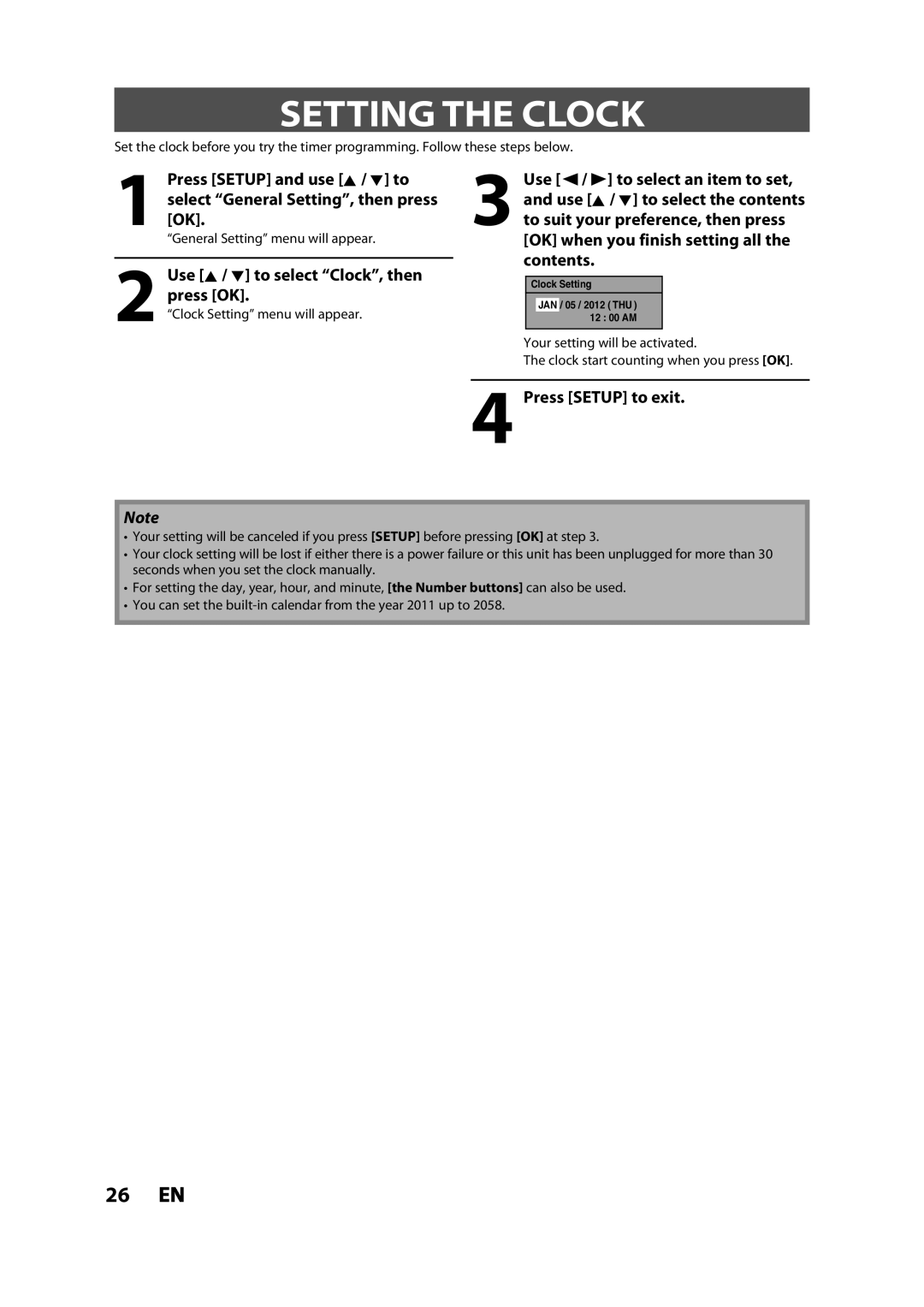 Magnavox ZV427MG9 owner manual Setting the Clock, Contents, Use K / L to select Clock, then, Press OK, Press Setup to exit 