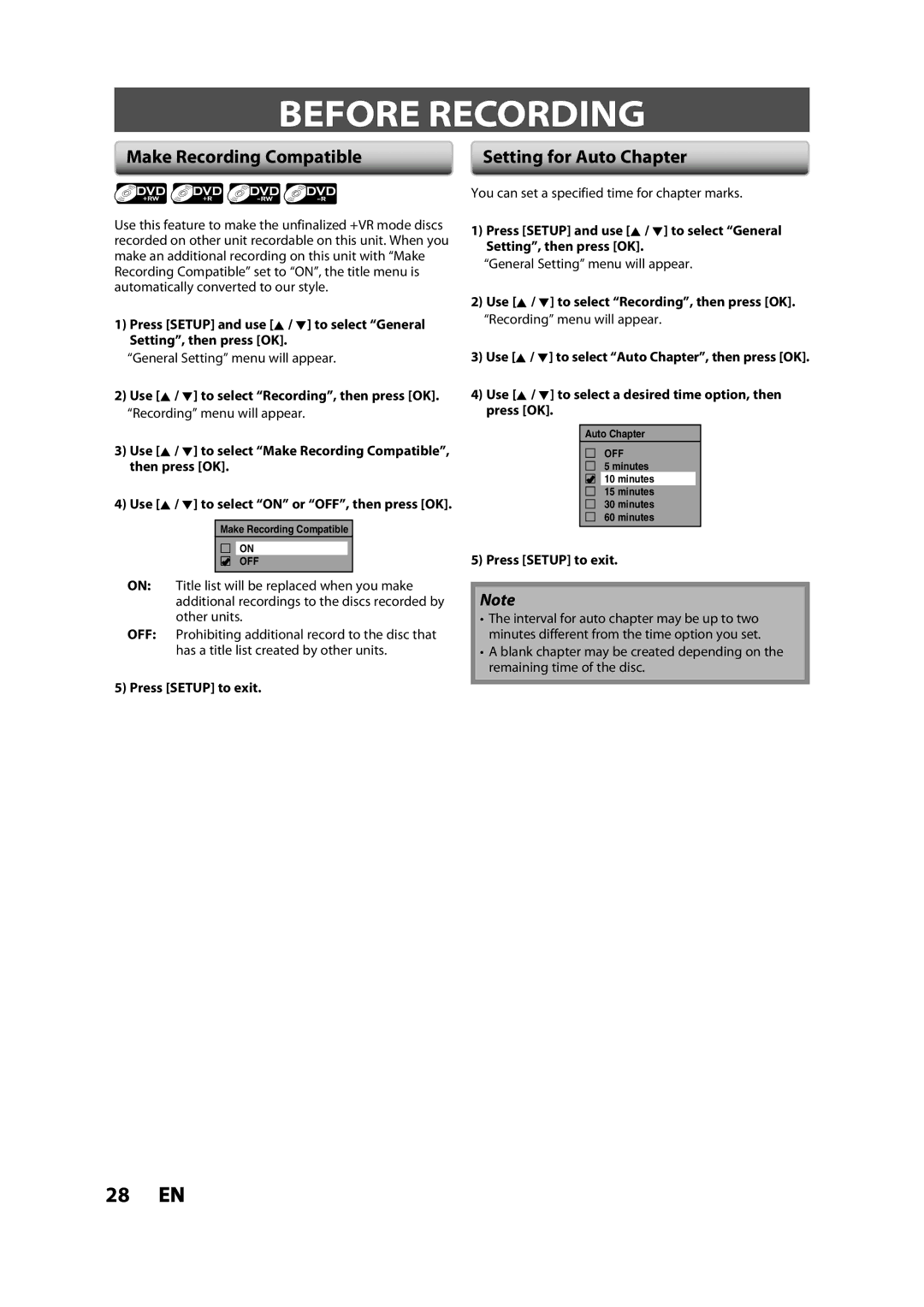 Magnavox ZV427MG9 owner manual Before Recording, Make Recording Compatible, Setting for Auto Chapter 