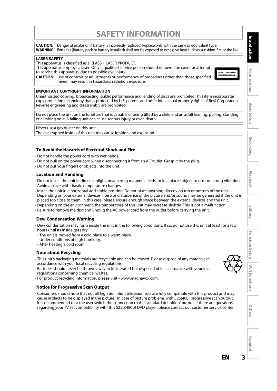 Magnavox ZV427MG9 owner manual Safety Information, To Avoid the Hazards of Electrical Shock and Fire, Location and Handling 