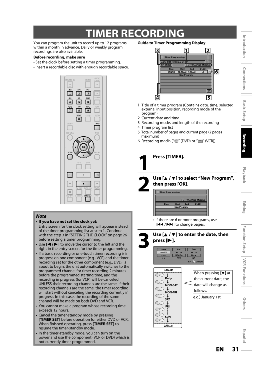 Magnavox ZV427MG9 owner manual Timer Recording, Use K / L to enter the date, then, Press B 