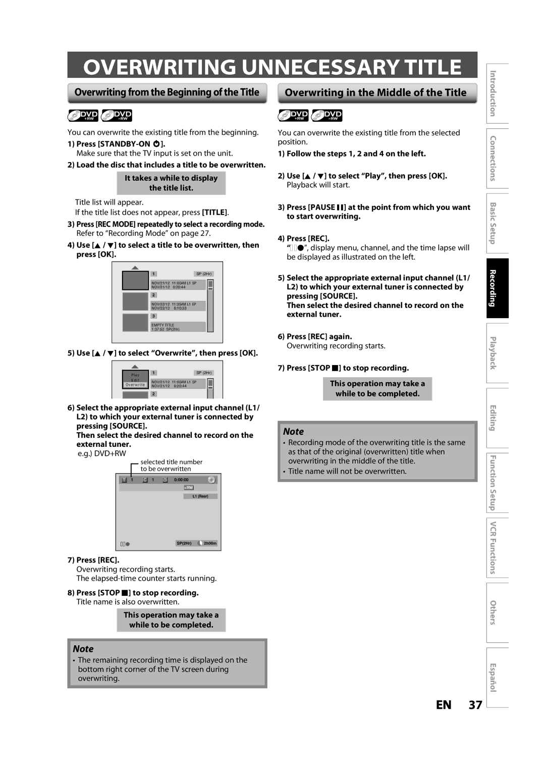 Magnavox ZV427MG9 owner manual Overwriting Unnecessary Title, Press STANDBY-ON y, External tuner, Press REC 