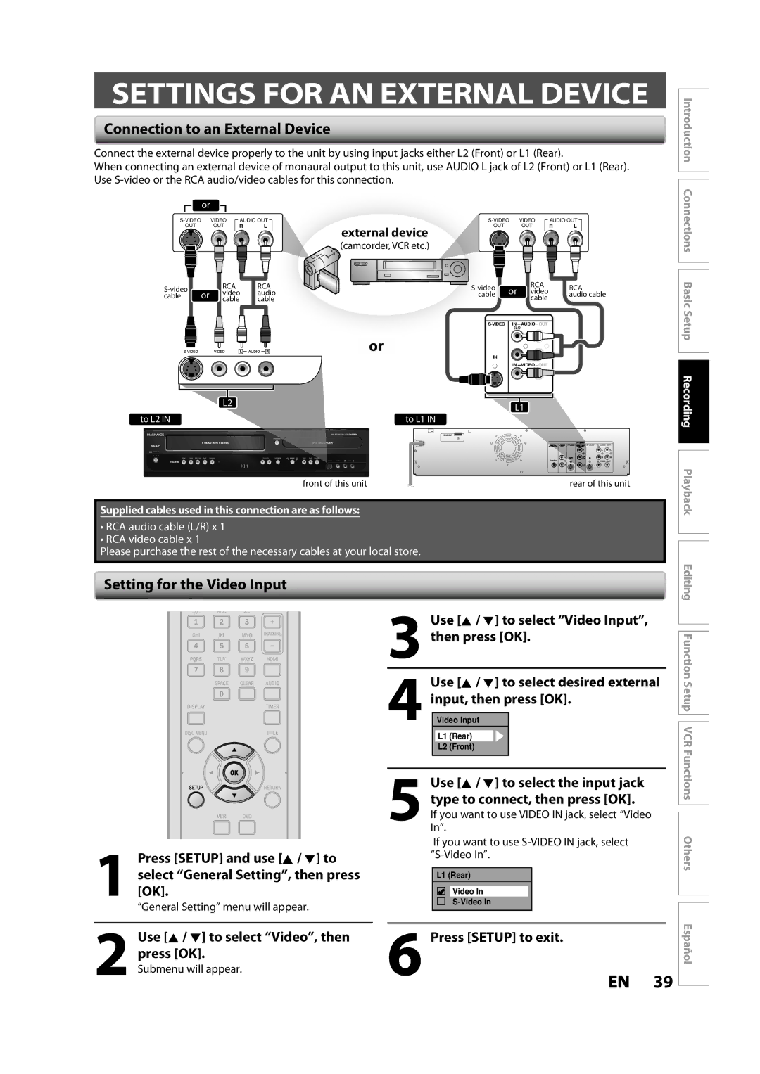 Magnavox ZV427MG9 owner manual Connection to an External Device, Setting for the Video Input, External device 