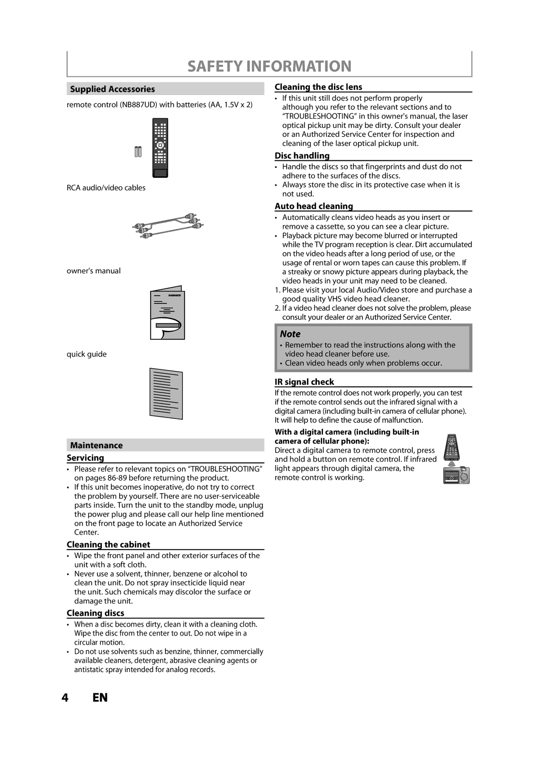 Magnavox ZV427MG9 Supplied Accessories, Cleaning the disc lens Disc handling, Auto head cleaning, Maintenance Servicing 