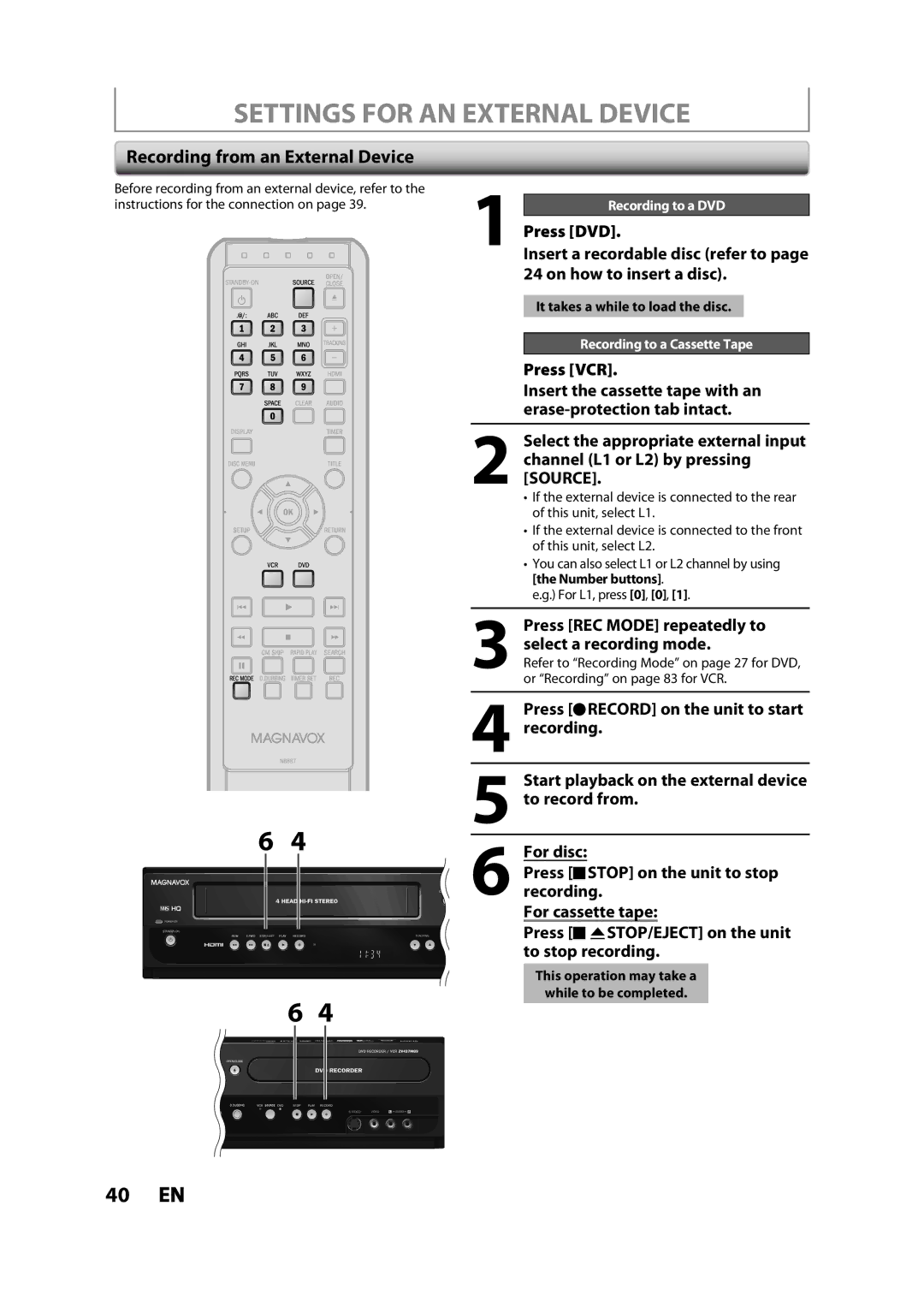 Magnavox ZV427MG9 owner manual Settings for AN External Device, Recording from an External Device, Press VCR 