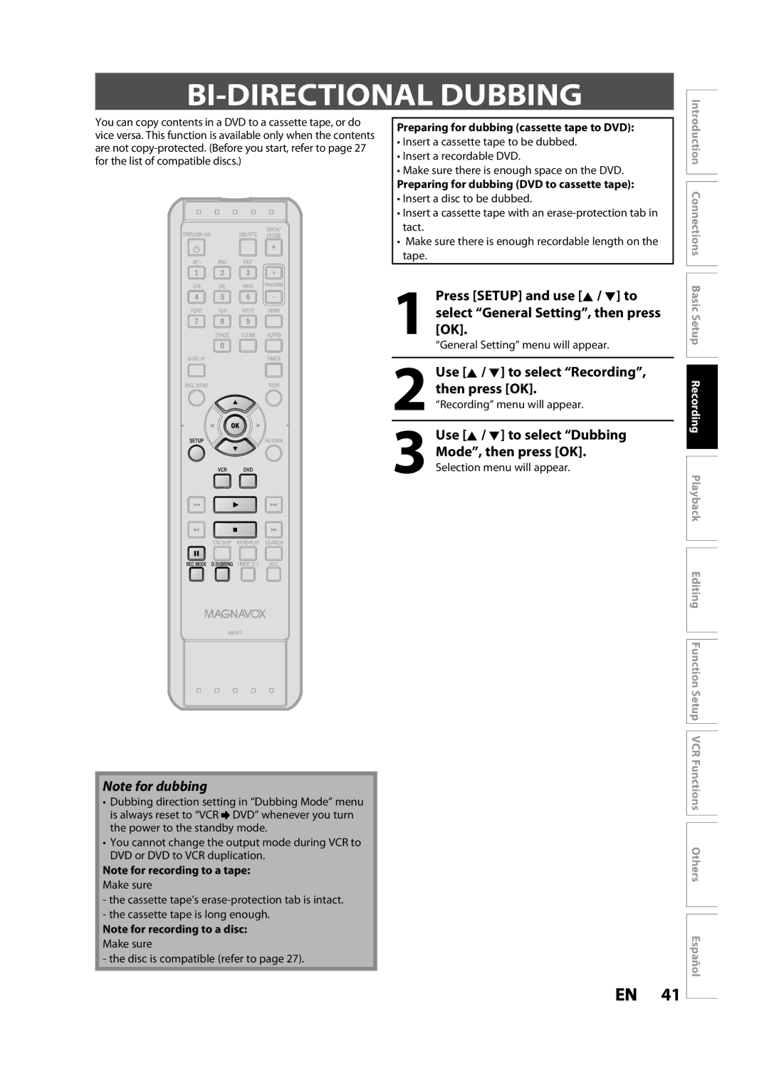 Magnavox ZV427MG9 BI-DIRECTIONAL Dubbing, Press Setup and use K / L to, Use K / L to select Recording, Mode, then press OK 