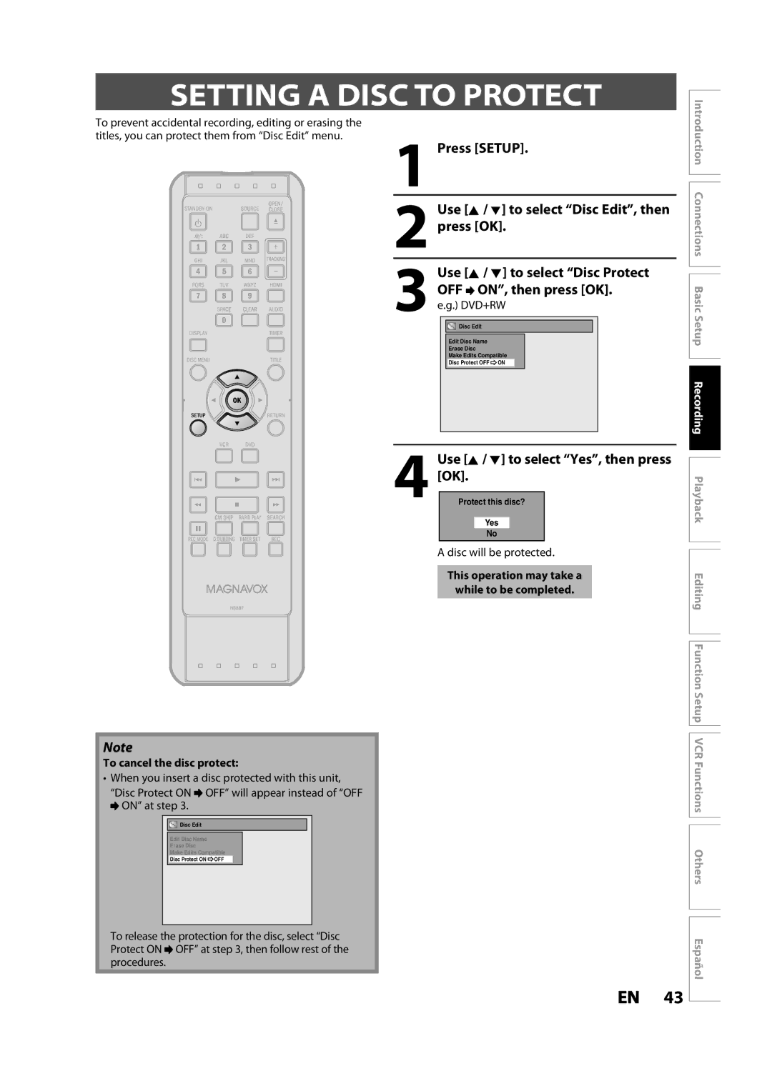 Magnavox ZV427MG9 owner manual Setting a Disc to Protect, Use K / L to select Disc Protect, OFF ON, then press OK 